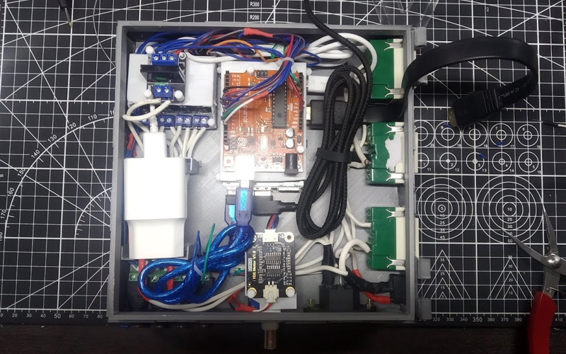 Hydroponics automation hardware with pumps, sensors, and nutrient containers